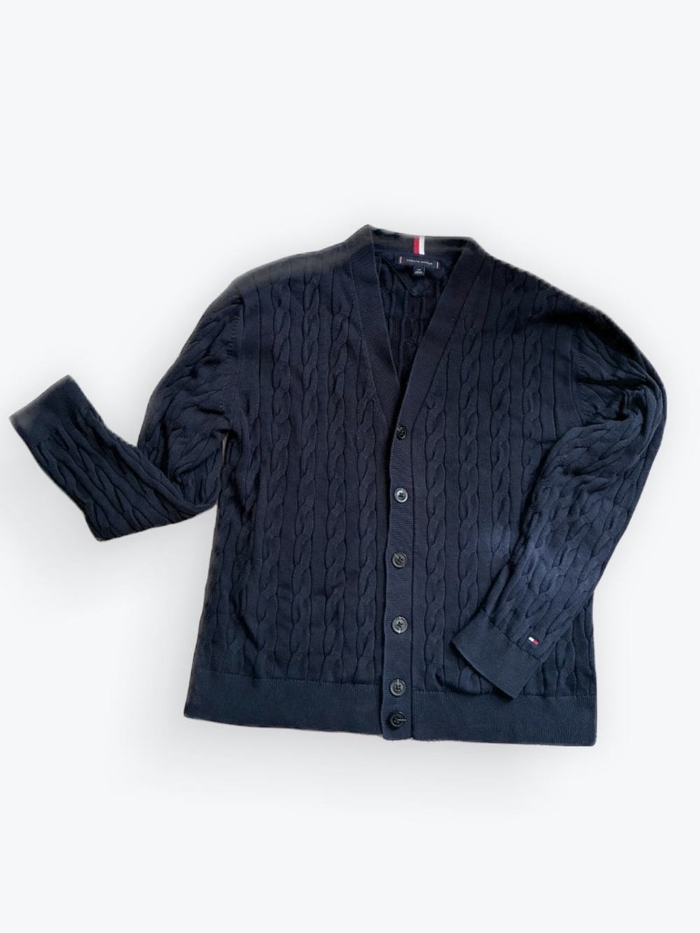 Tommy Hilfiger V Neck Cable Knit Cardigan Cotton Navy Blue